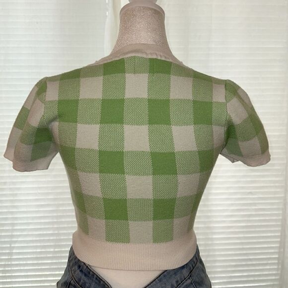Princess Polly 2 Crewneck Cropped Short Sleeve Casual Check White Green Sweater - Picture 4 of 11